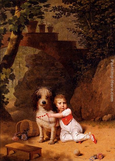 DZIECI MALOWANE - Portrait Of A Little Boy Placing A Coral Necklace On A Dog_ Both Seated In A Parkland Setting.jpg